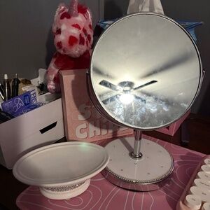 White With Diamond Rhinestones Bathroom Vanity Mirror With Matching Soap Dish